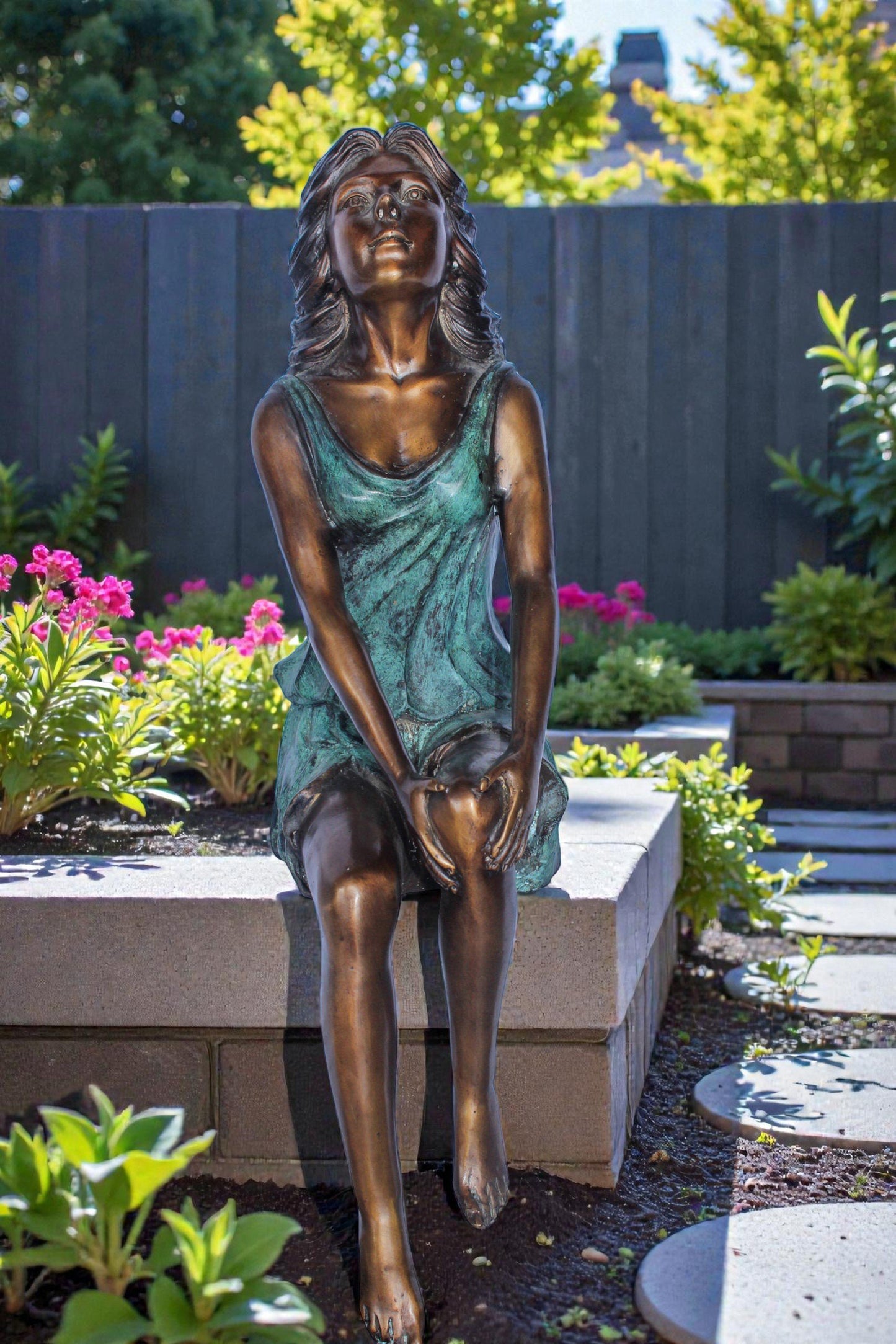 Graceful Young Woman Sitting on the Ledge Bronze Statue 13" x 7" x 23"H