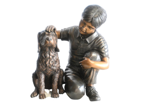 Bronze Boy with Dog Statue Child Petting Puppy Sculpture 21"x18"x23"H