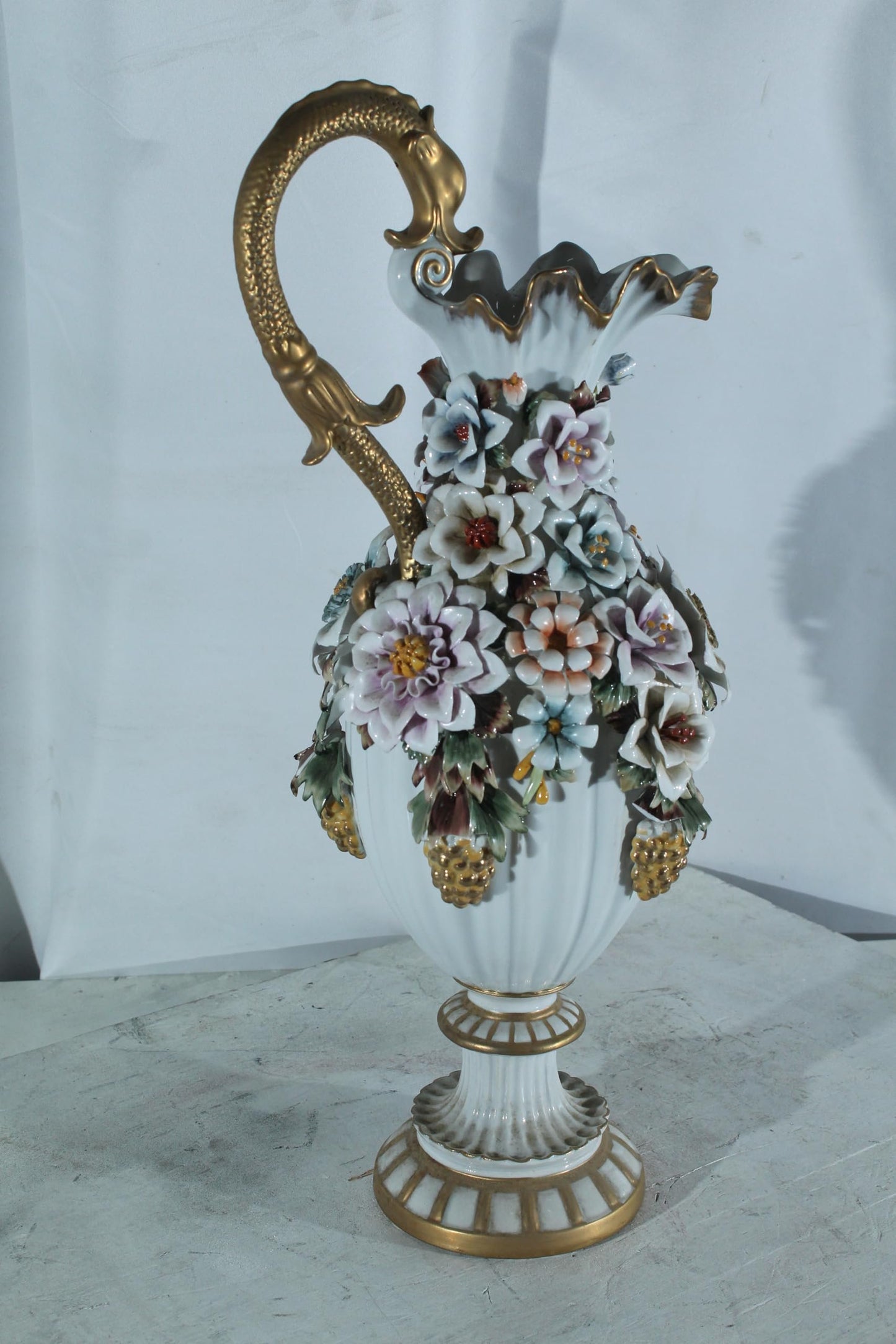 Porcelain Floral Ewer vase Ornate Handle 10"x7"x22"H