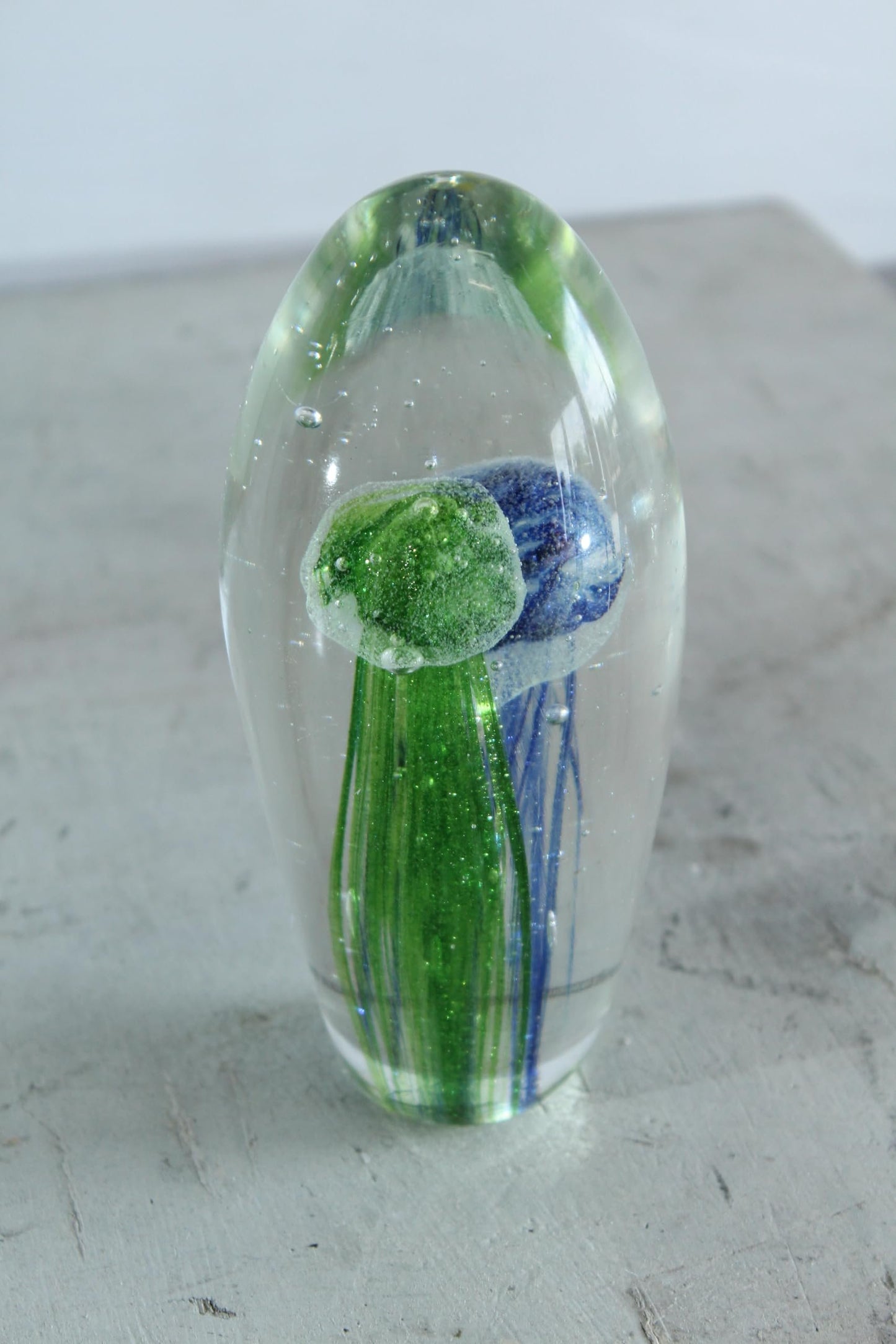 NIFAO Glass Jellyfish Paperweight Green Blue Art Glass Decor 3" x 3" x 8"H