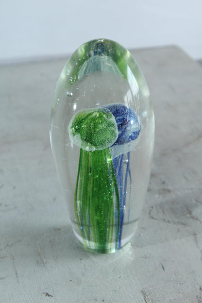 NIFAO Glass Jellyfish Paperweight Green Blue Art Glass Decor 3" x 3" x 8"H