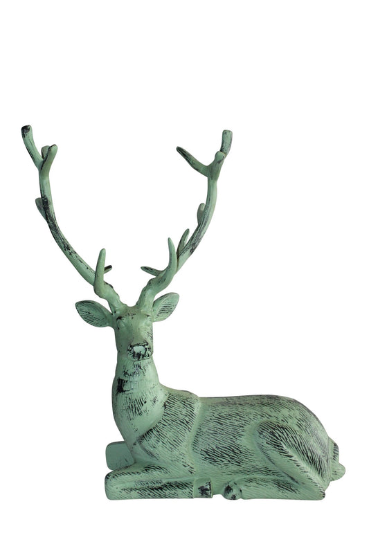 Aluminum Deer Statue Green Patina Resting on the ground 26" x 7" x 24"H