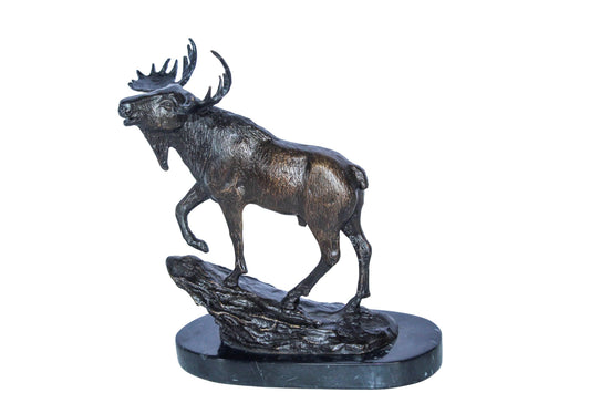 Bronze Moose Statue on Marble Base with Antlers Raised 10" x 6" x 9"H