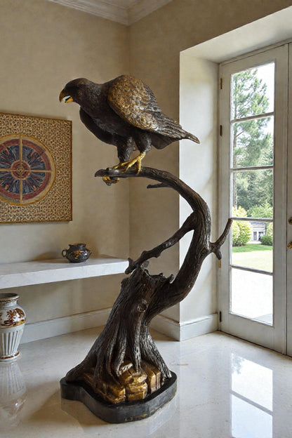 Observant Hawk on Arched Branch Bronze Statue 17" x 19" x 32"H