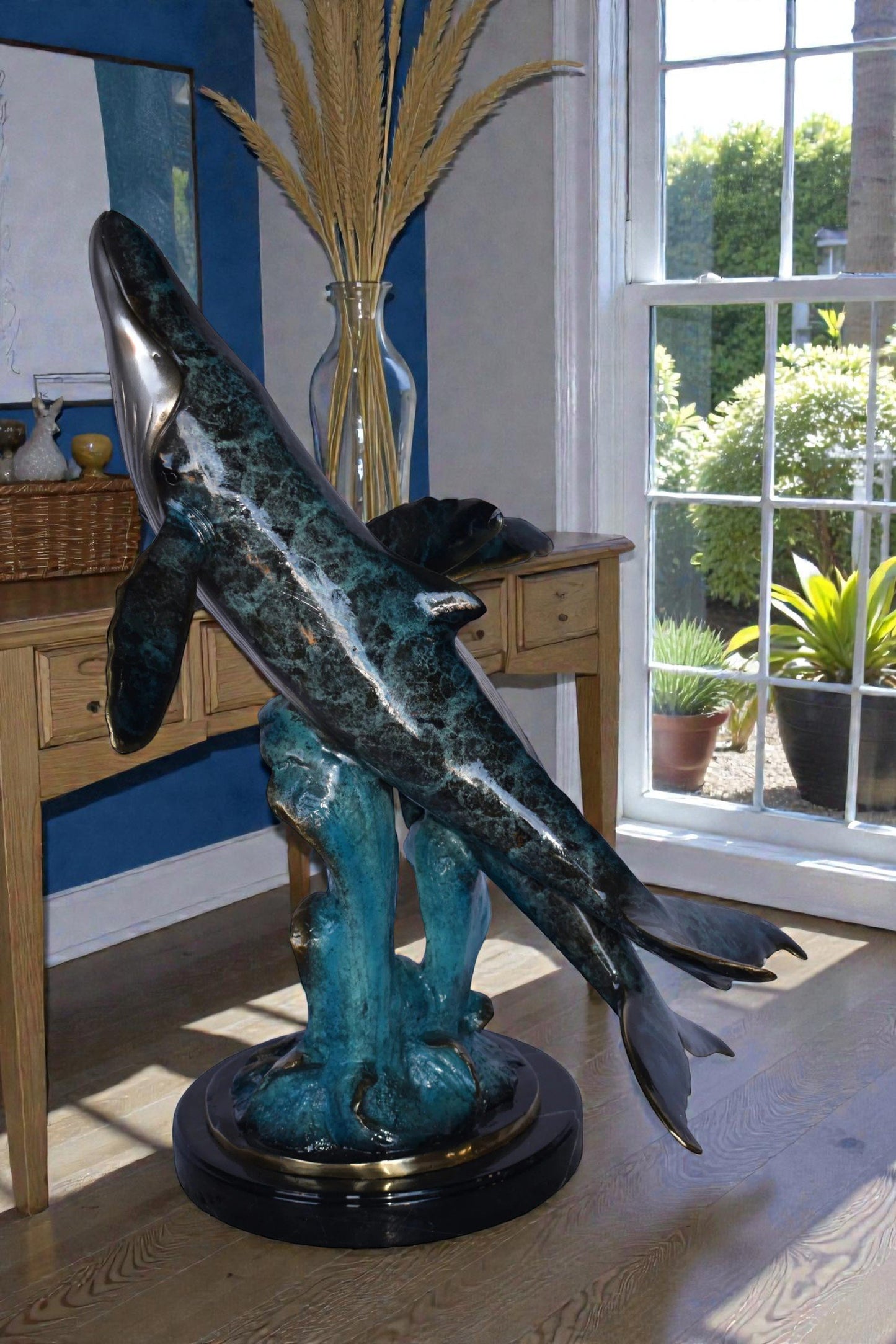 Pair of Blue Whales Swimming in The Ocean Bronze Statue Size: 21" x 20" x 27"H.