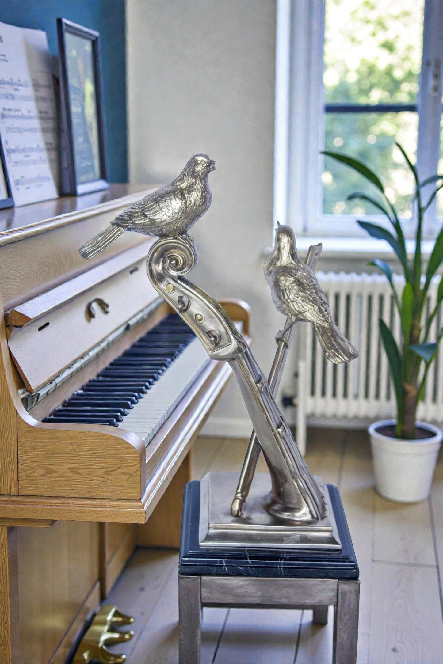 Creative Art, Violin and Two Birds, Bronze Statue in Silver Finish 12 x 8 x 19"H