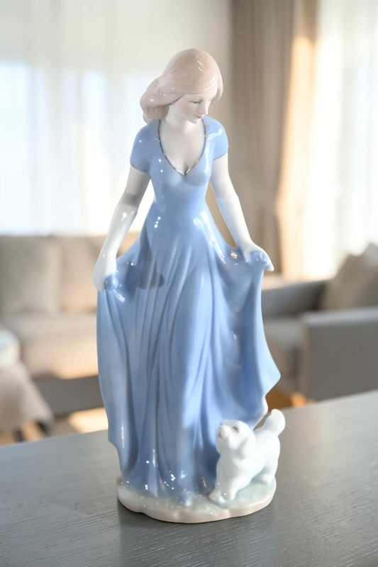 Porcelain Elegant Lady Blue Gown with White Puppy Statue 5"x4"x11"H
