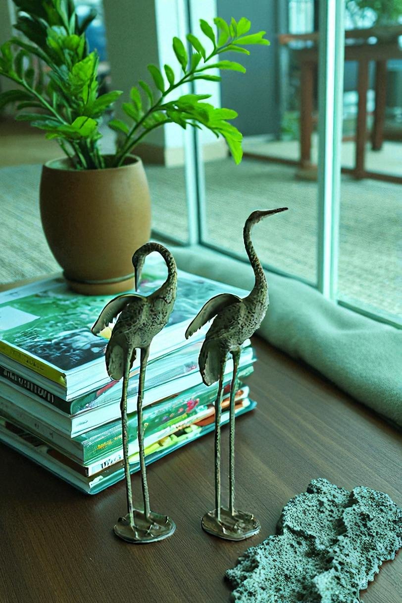 Pair of Aluminum Crane Wings Open with Green Patina Finish 10" x 8" x 22"H