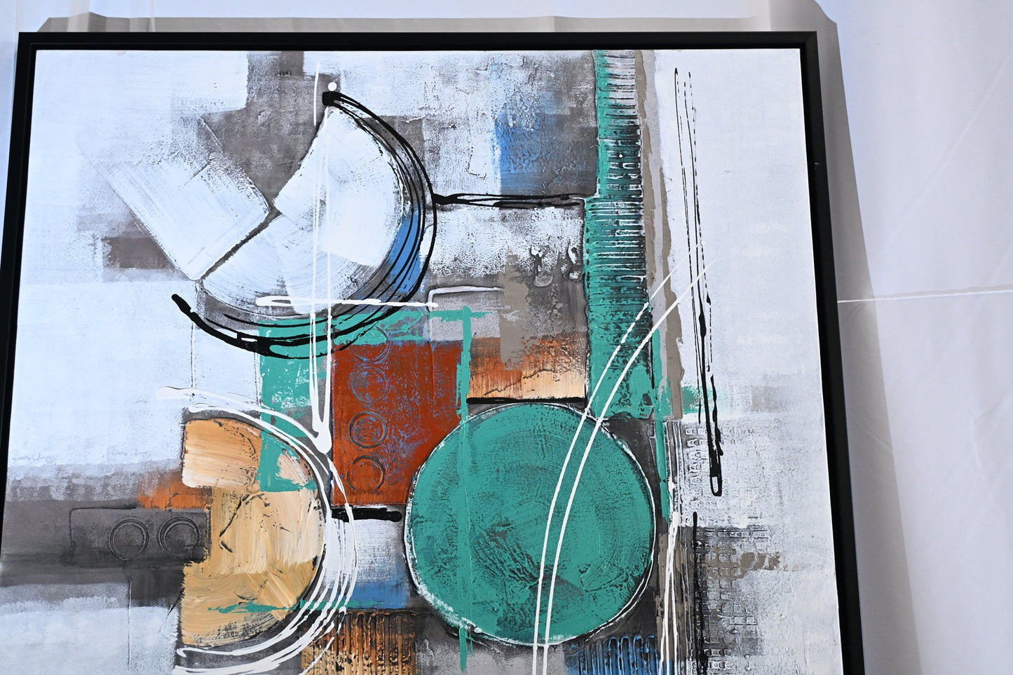Serenity Abstract Canvas Painting Teal Orange Framed Art 61"x41"