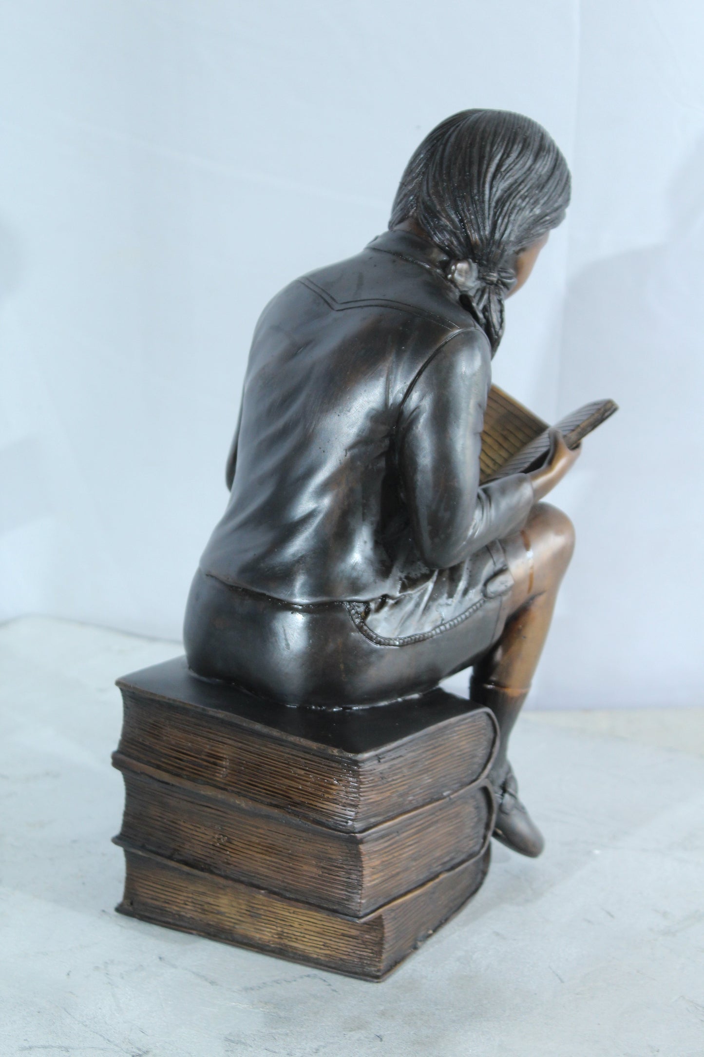 NIFAO Bronze Girl Reading Statue on Book Stack Library Sculpture Art 8" x 6" x 15"H