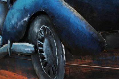 NIFAO 1930s Ford Coupe Inspired Blue Car 3D Metal Wall Art on Wood 79" x 2" x 40"H