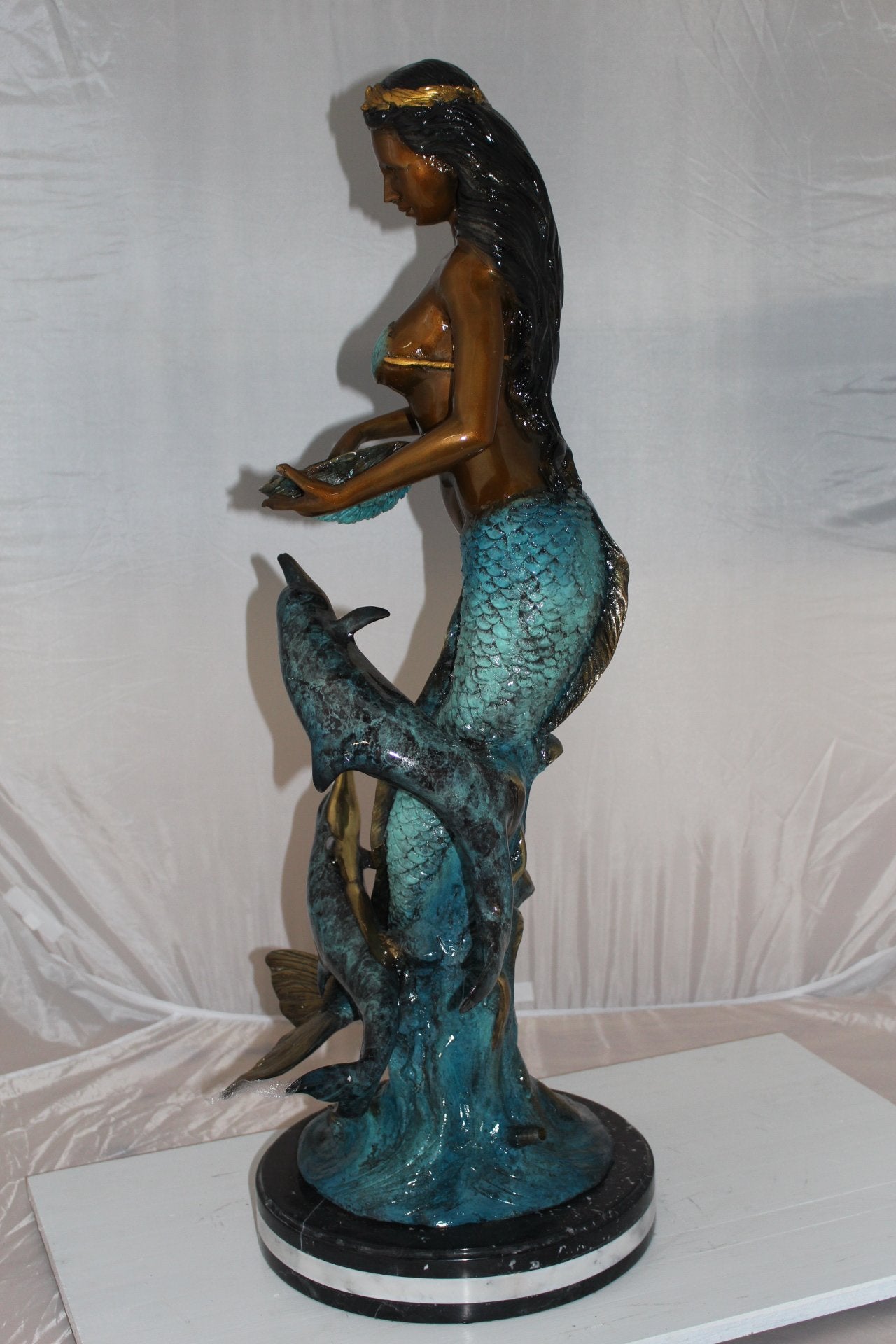 Mermaid with 2 dolphins Bronze Statue -  Size: 14"L x 14"W x 28"H.
