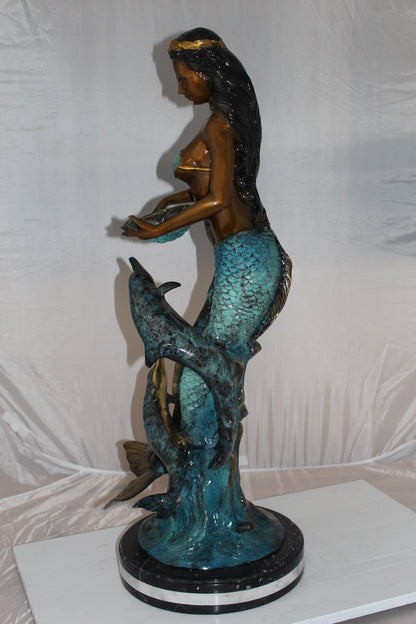 Mermaid with 2 dolphins Bronze Statue -  Size: 14"L x 14"W x 28"H.