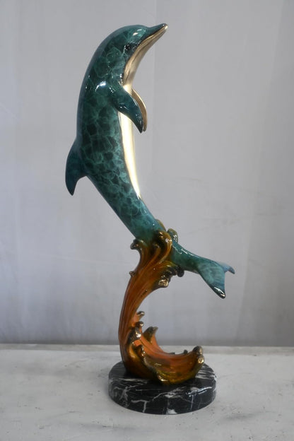 Bronze Leaping Dolphin Sculpture on Wave Base 25"x24"x40"H