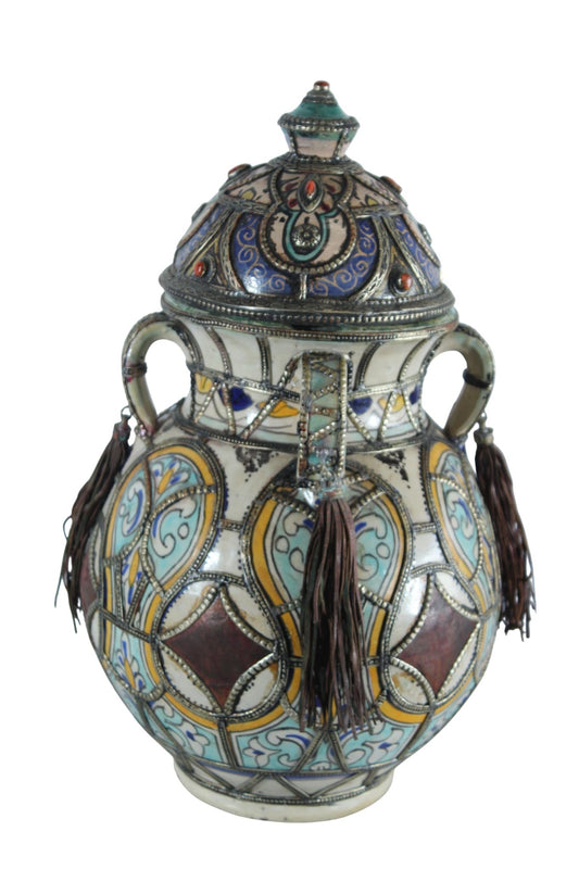 Handcrafted Ceramic Lidded Jar with Tassels and Metal Inlay 10" x 10" x 18"H