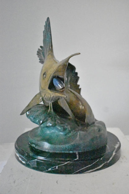Nifao Sailfish Catching Fish Bronze Statue on Marble Base – Lost Wax Cast Ocean Life Sculpture with Hand-Applied Patina, Marine Wildlife Decor,26" x 16" x 25"H.