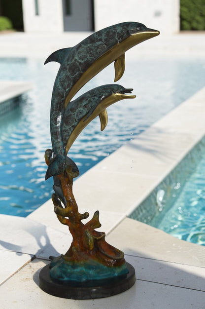 Two Dolphins fountain Bronze Statue on a marble -  Size: 19"L x 15"W x 36"H.