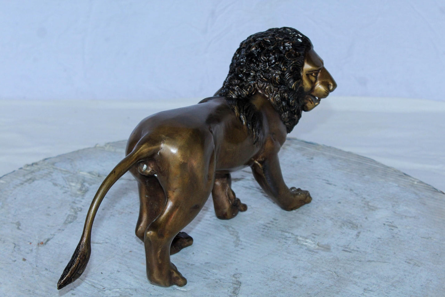 Small Bronze Lion Sculpture Walking Pose Animal Art 15" x 5" x 8"H