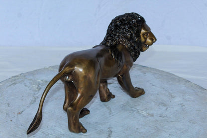 Small Bronze Lion Sculpture Walking Pose Animal Art 15" x 5" x 8"H