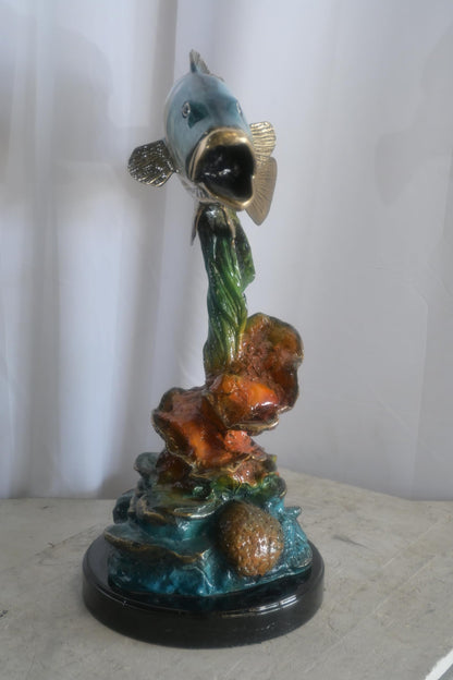 Bronze Bass Fish Sculpture on Coral Reef and Marble Base 18"x10"x26"H