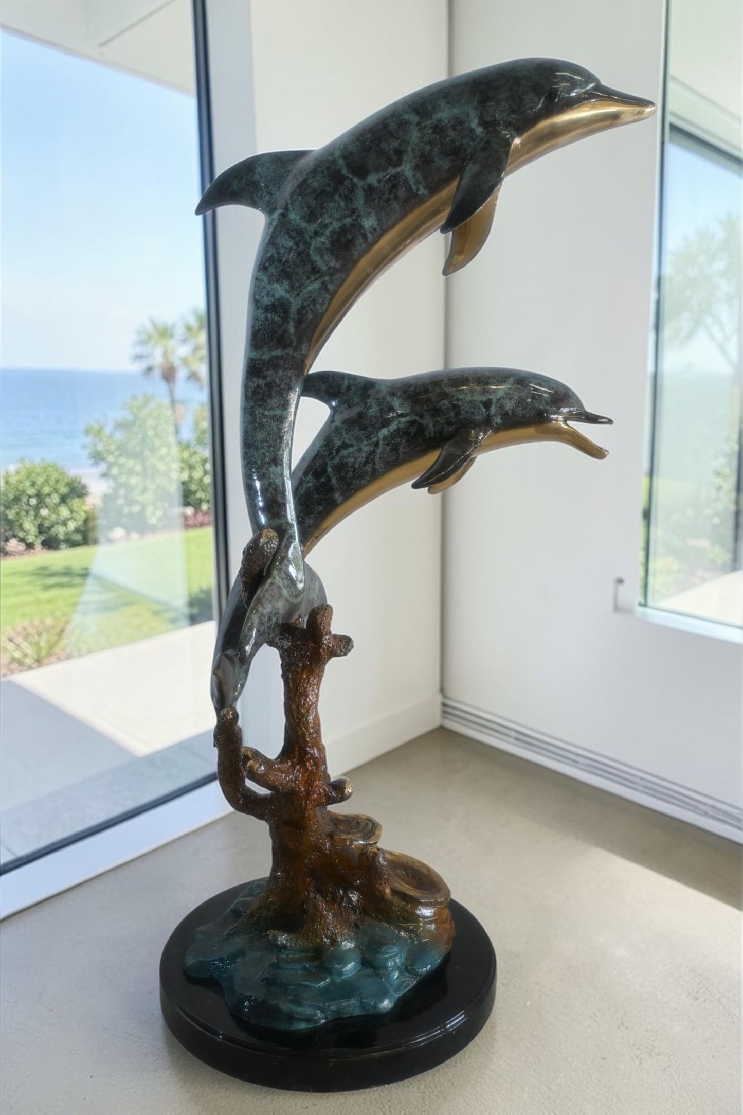 Large Bronze Dual Dolphin Coral Reef Sculpture Marble Base 18"x16"x39"H