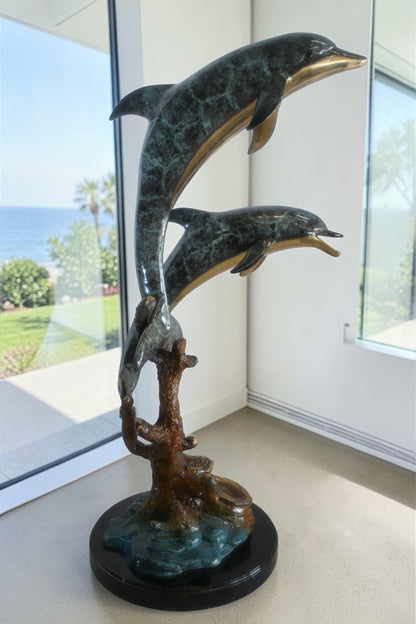 Large Bronze Dual Dolphin Coral Reef Sculpture Marble Base 18"x16"x39"H