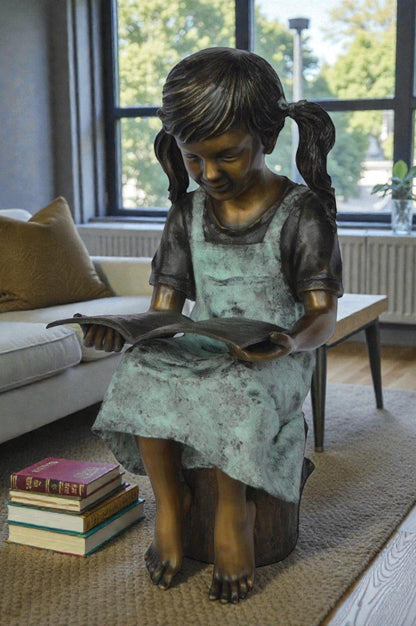 Young girl sitting and reading book bronze statue -  Size: 16"L x 12"W x 27"H.