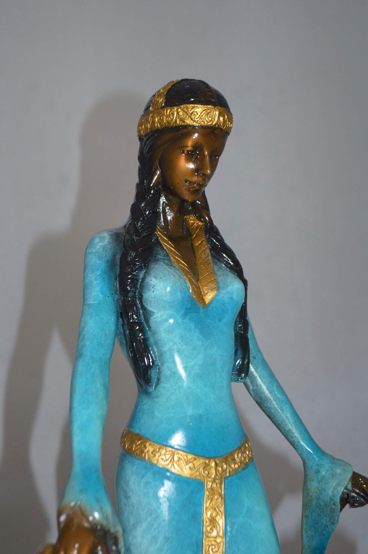 Lady with Her Two Dogs Bronze Statue -  Size: 18"L x 12"W x 23"H.