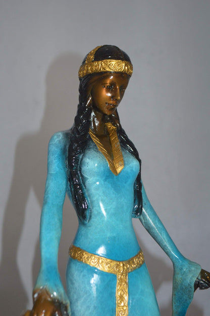 Lady with Her Two Dogs Bronze Statue -  Size: 18"L x 12"W x 23"H.