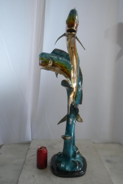 Bronze Dual Mahi Mahi Fish Sculpture on Wave Marble Base 19"x12"x35"H