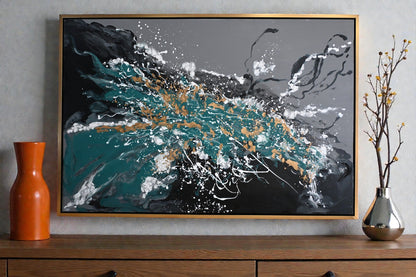 Splash of Green Abstract Canvas Painting Teal Gold Framed 41"x61"