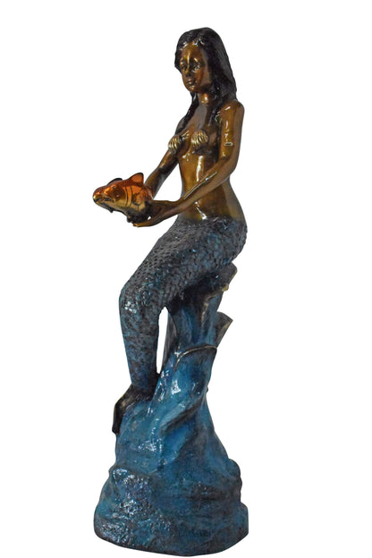 Mermaid Holding Two Fish Bronze Statue Color Finish - Size: 14" x 14" x 43"H.