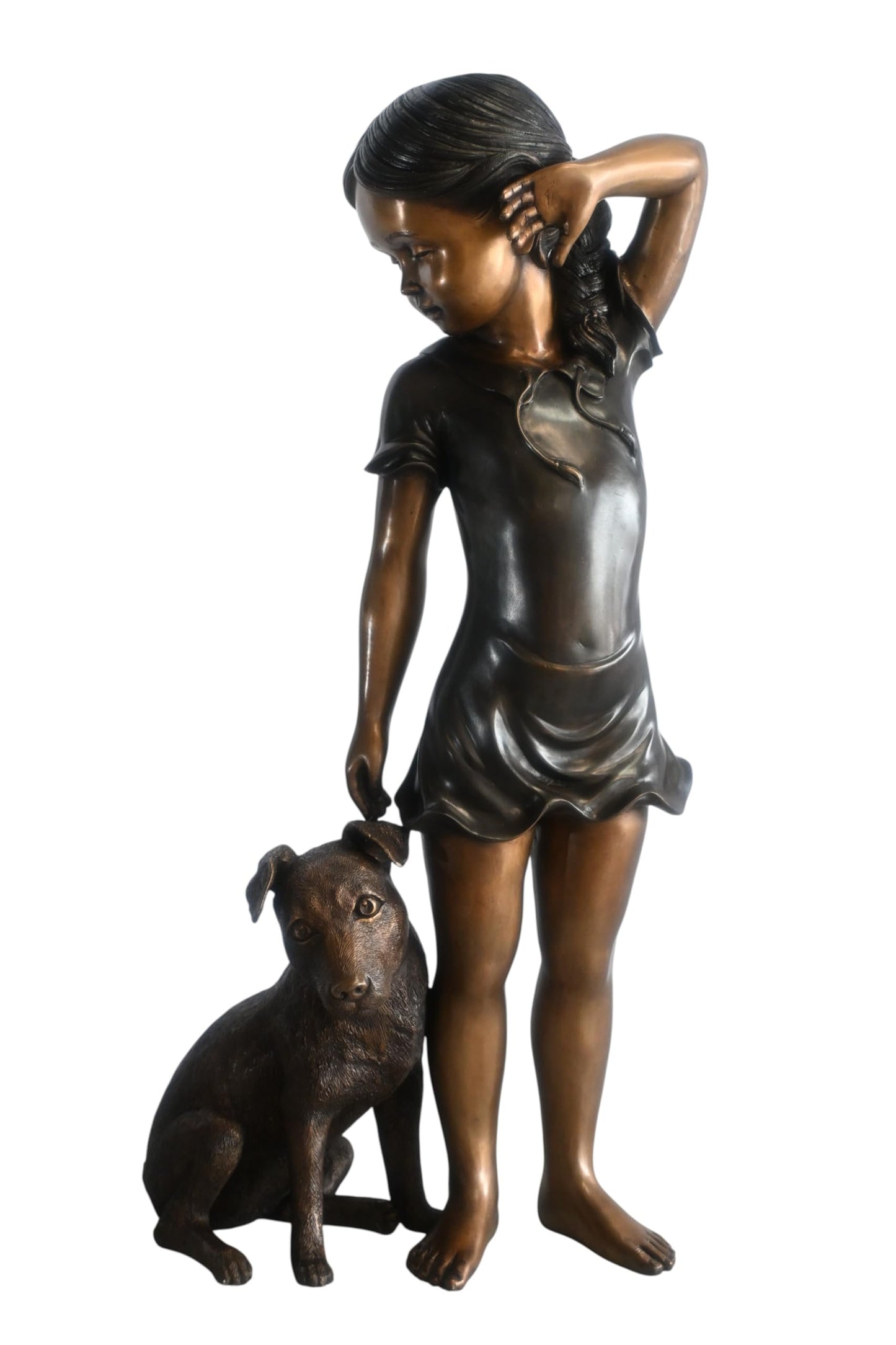 Bronze Girl with Dog Statue Young Child and Puppy Sculpture 18"x10"x37"H