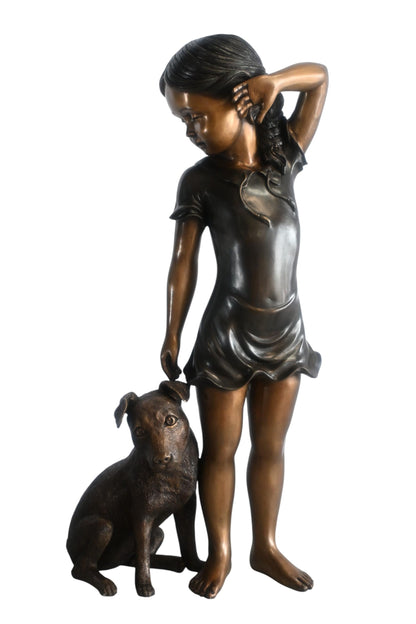 Bronze Girl with Dog Statue Young Child and Puppy Sculpture 18"x10"x37"H