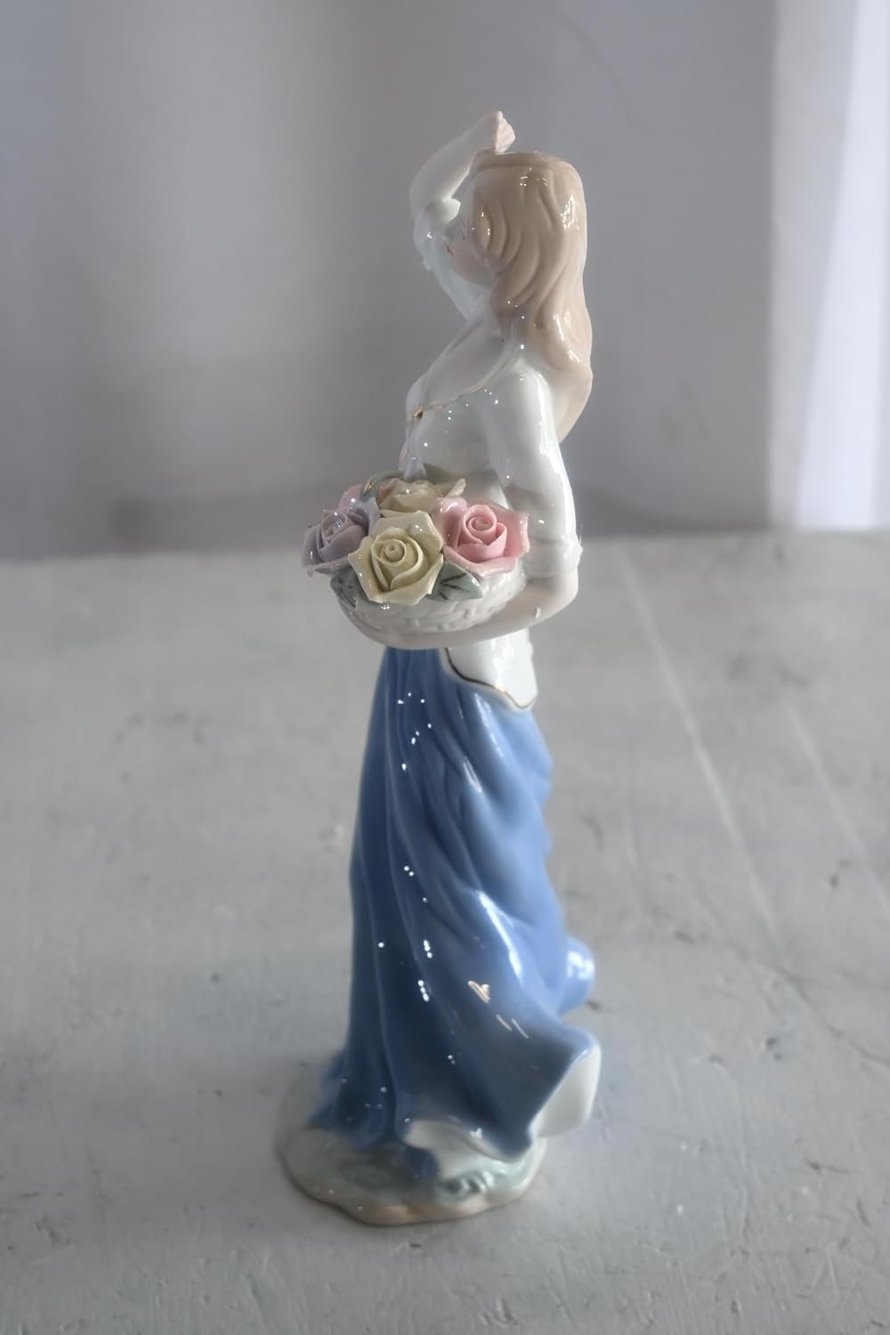Porcelain Lady White Top Blue Skirt Holding Rose Bouquet 5"x4"x12"H