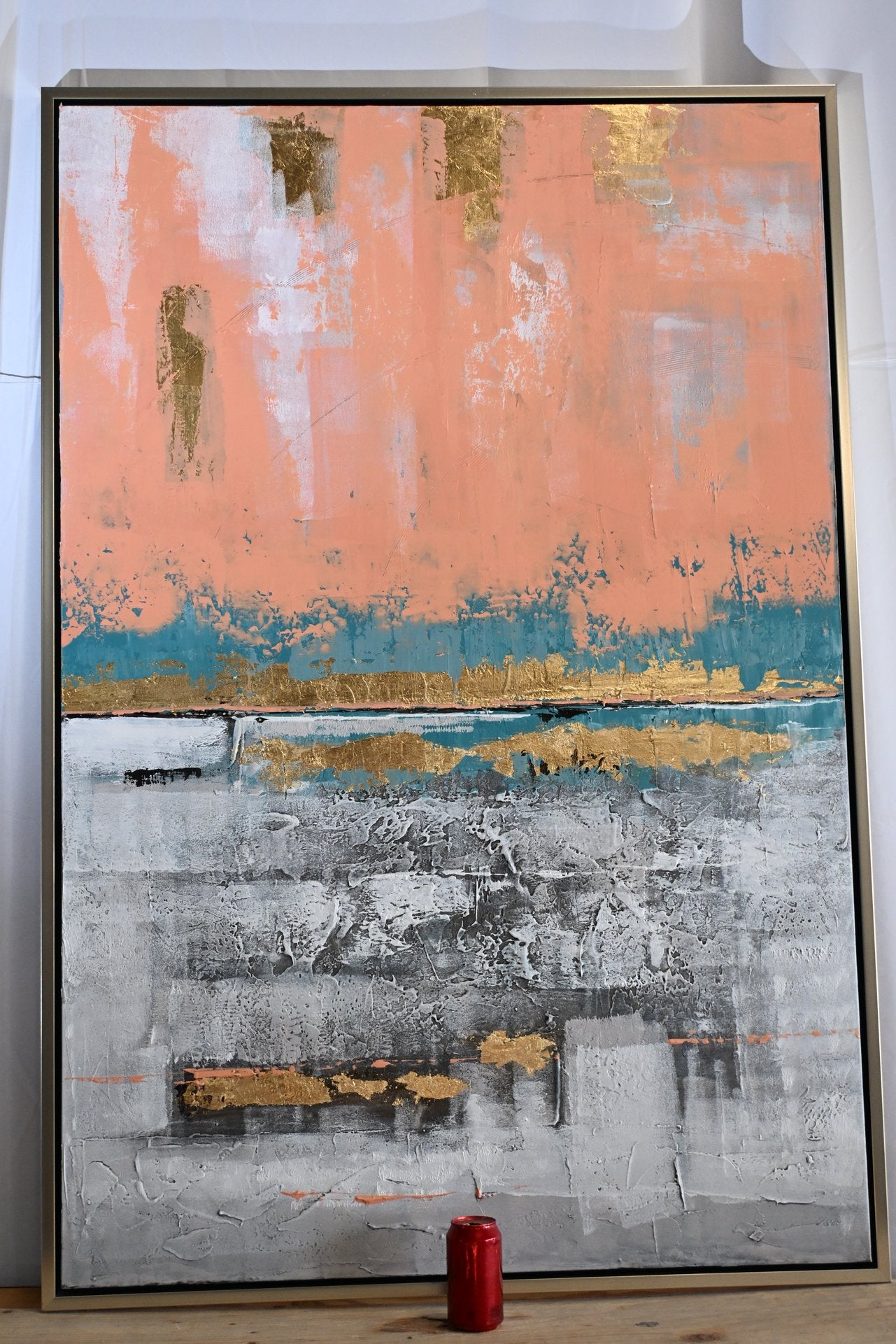 Coral Reef Abstract Canvas Painting Coral Blue Gold Framed 61"x41"