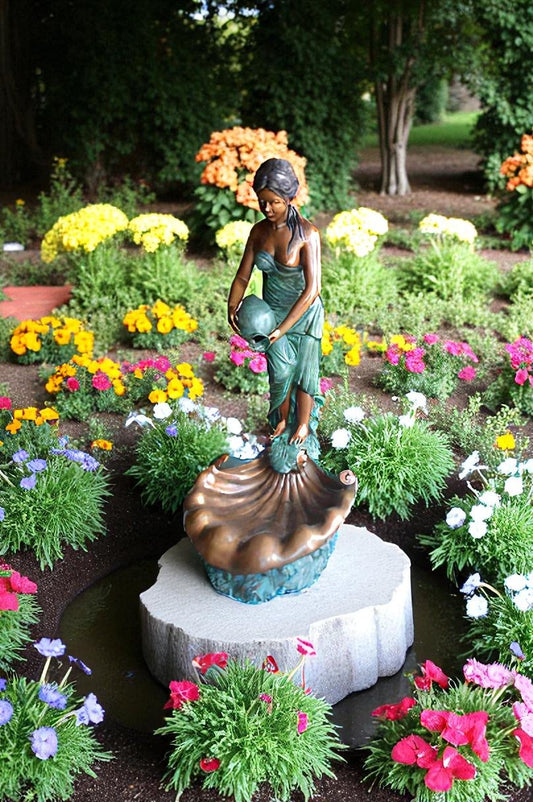Girl Holding a Pot on Shell Fountain Bronze Statue -  Size: 33"L x 30"W x 62"H.
