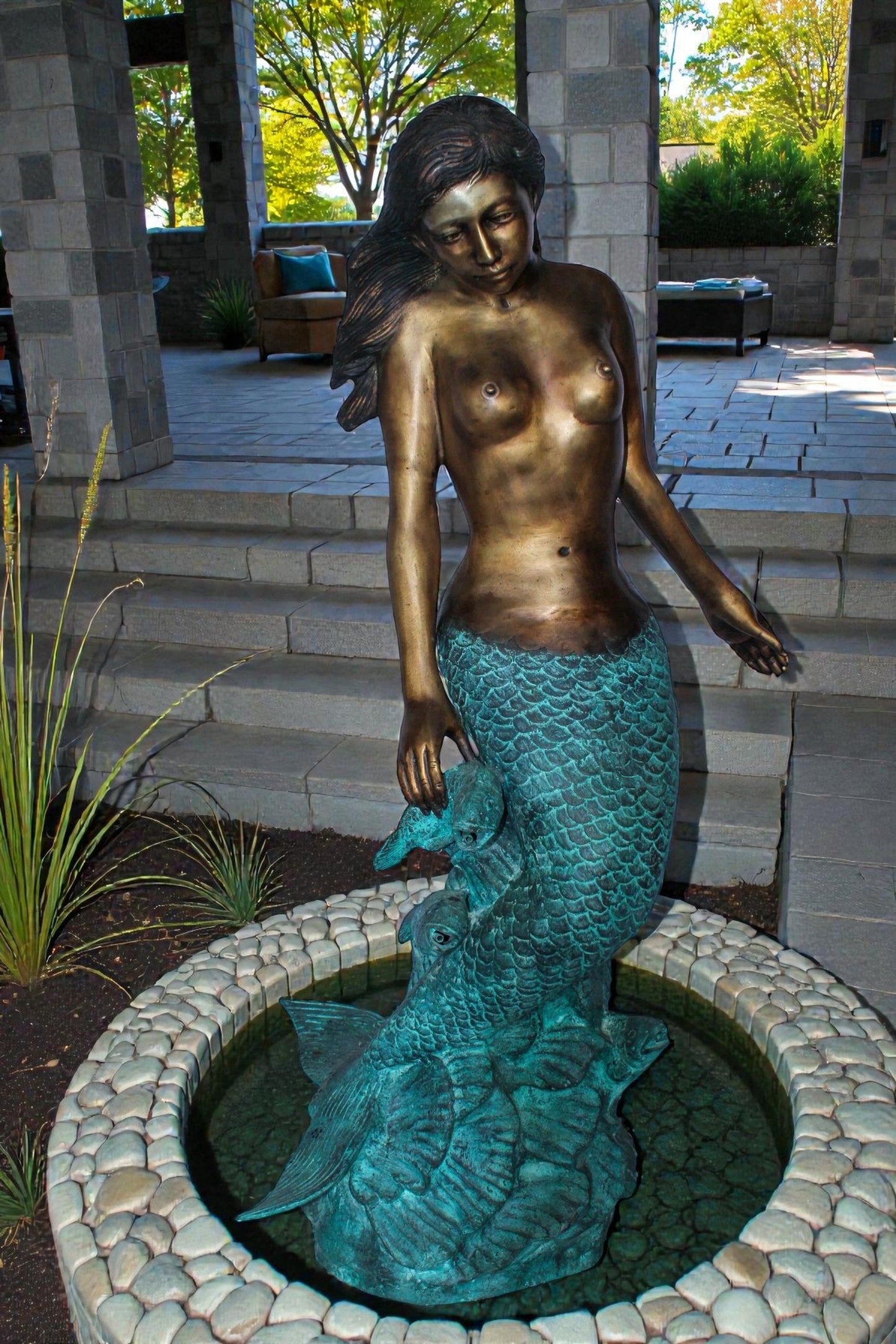 Nude Art Bronze Mermaid Fountain with Fish and Patina Finish 23" x 14" x 39"H