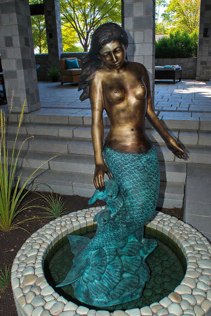 Nude Art Bronze Mermaid Fountain with Fish and Patina Finish 23" x 14" x 39"H