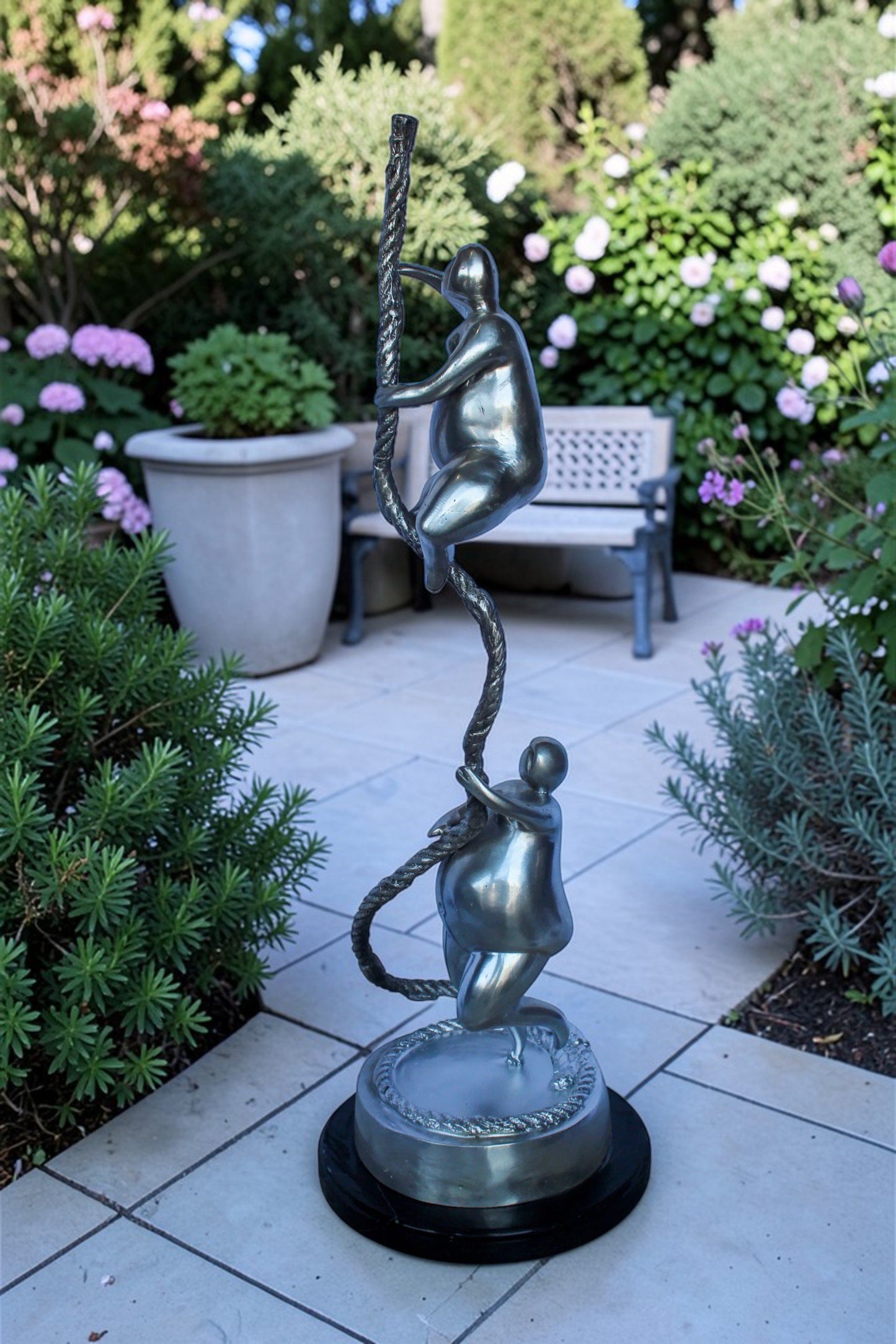 Two Voluptuous Women Climbing a Rope Statue, Silver Finish 10" x 10" x 29"H