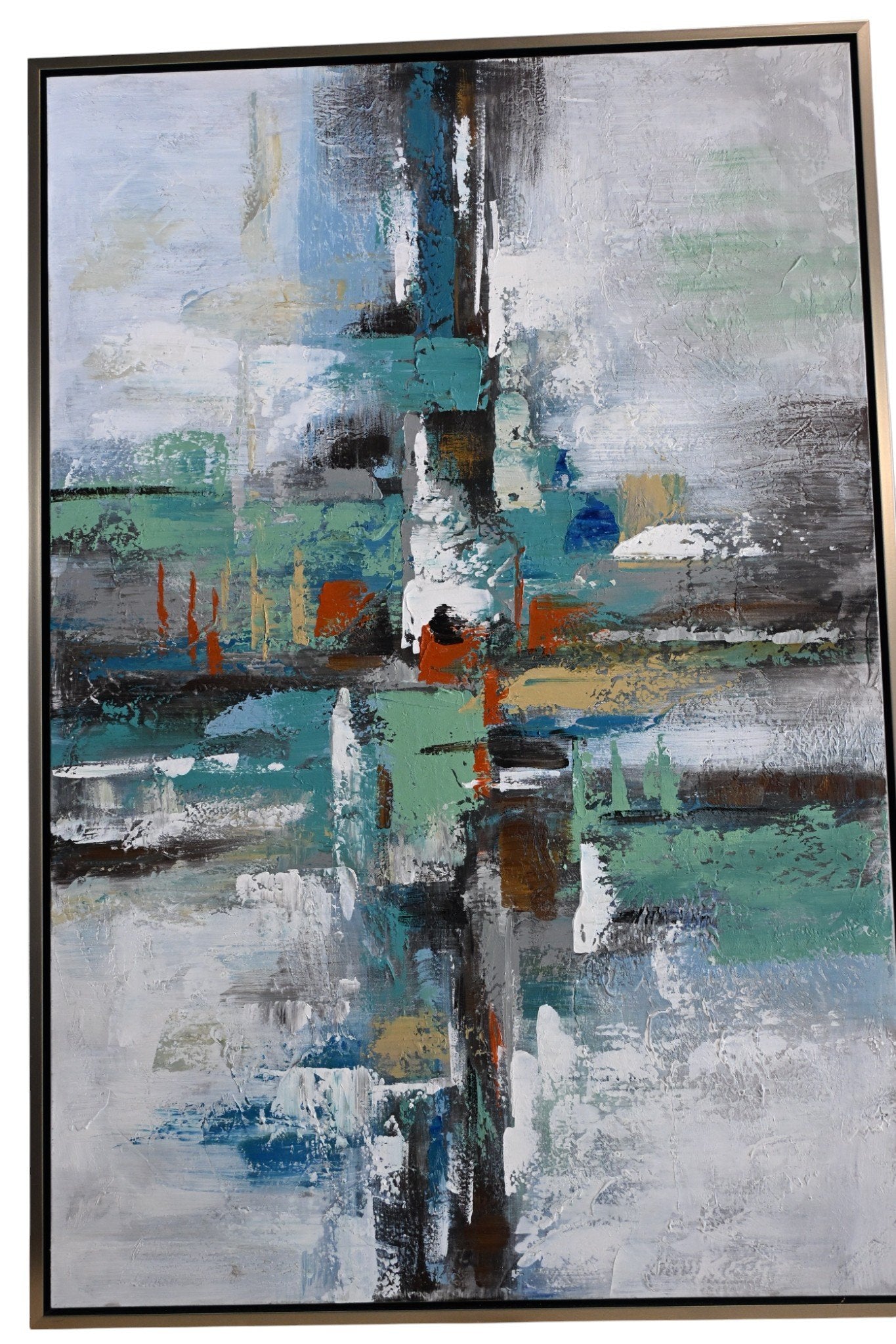 Mystery Abstract Canvas Painting Teal Gray Framed Art 41"x61"
