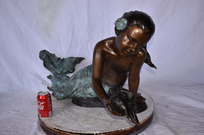 A Little Mermaid Holding A Shell Bronze Fountain Art Nude: 15" x 37" x 20"H