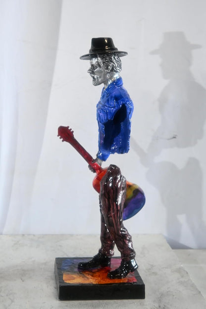 Traveler Musician Holding Guitar Case Aluminum Sculpture 9"x8"x34"H