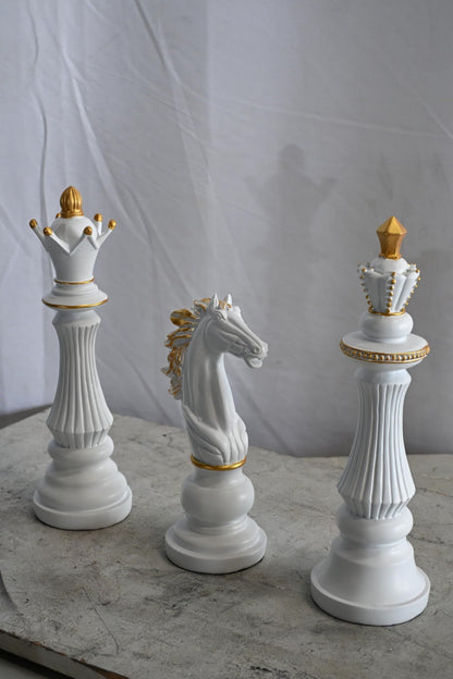 Decorative Chess Pieces Set White Gold Resin Figurines 4"x13"x14"H