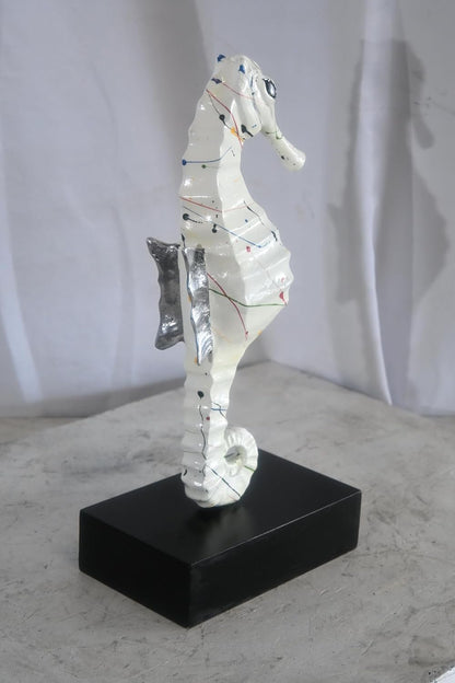 White Splatter Seahorse Sculpture Painted Aluminum Decor 6"x4"x16"H