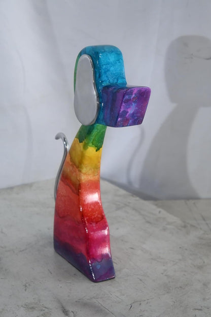 Abstract Rainbow Painted Wood Dog Figurine Aluminum Ears 8"x2"x15"H