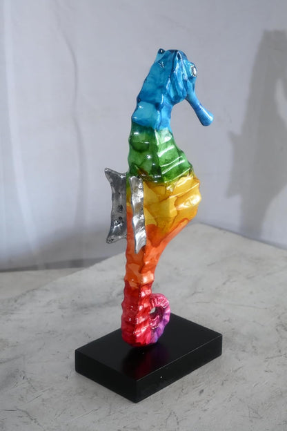 Blue to Red Rainbow Seahorse Statue Painted Aluminum Art 6"x4"x15"H