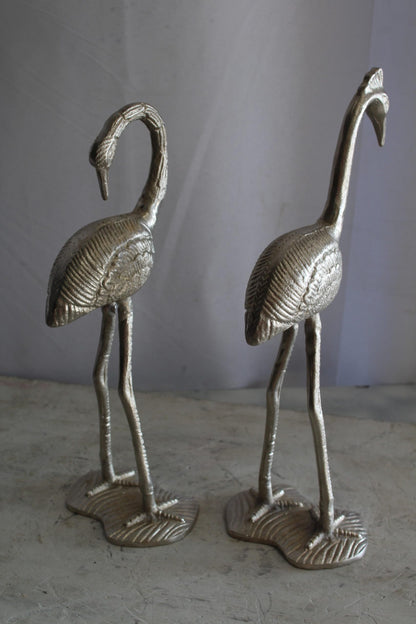 Art Deco Silver Flamingo Pair, Aluminum Decor Set 10" x 7" x 19"H