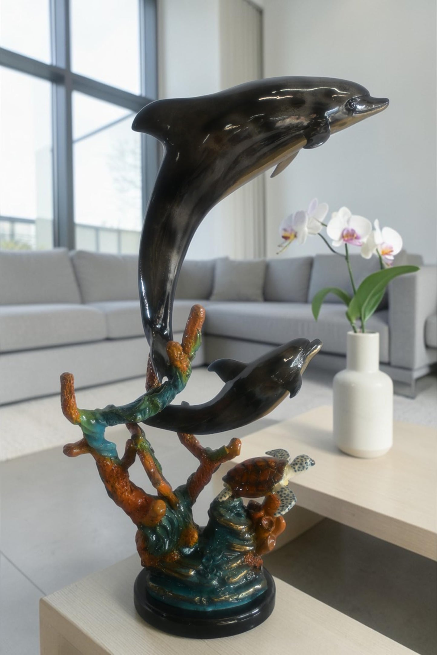Bronze Dolphin Pair and Sea Turtle Coral Reef Sculpture 15"x9"x29"H