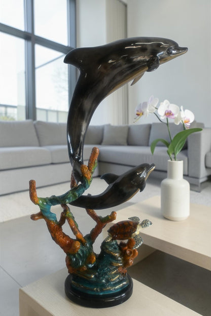 Bronze Dolphin Pair and Sea Turtle Coral Reef Sculpture 15"x9"x29"H